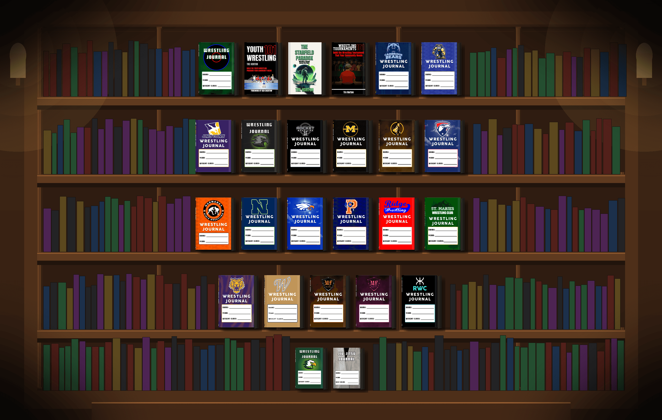 Horton Press books and journals on a bookshelf