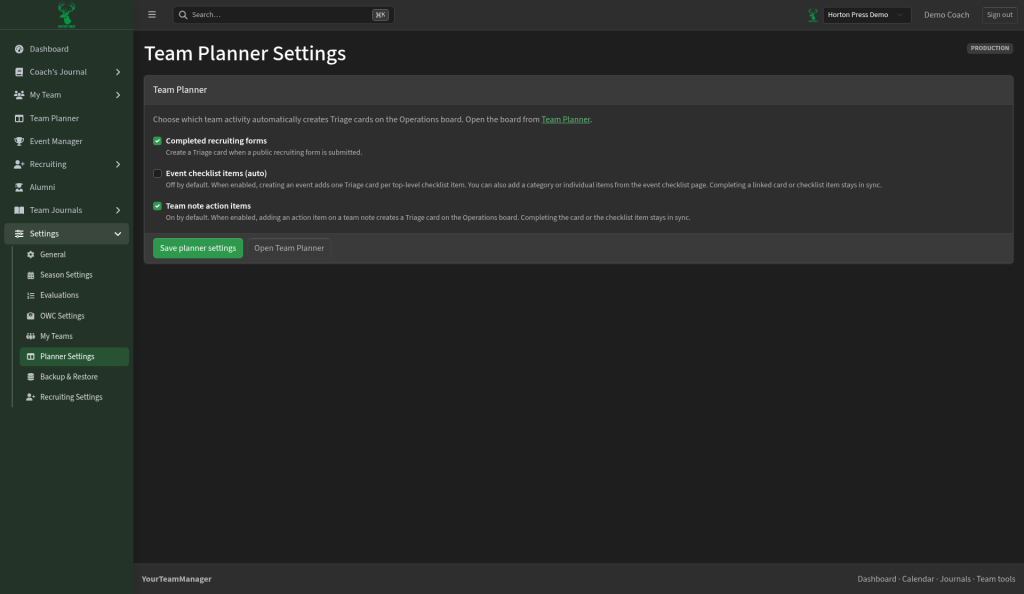 Planner settings